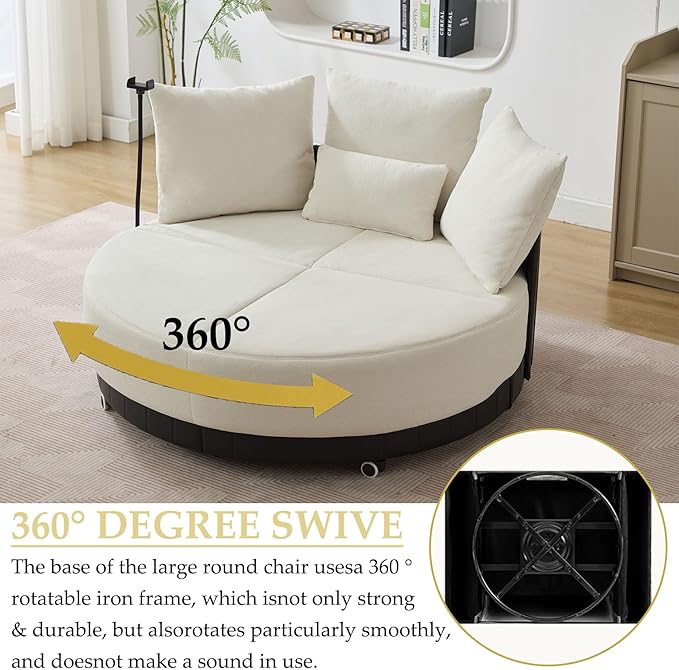 Anwick 52'' Oversized Round Swivel Chair360° Swivel Chair with Adjustable Phone Holder and 4 Pillows Upholstered Couples Chair with Rotating Pulley for Living Room Bedroom Lounge Hotel (Beige)