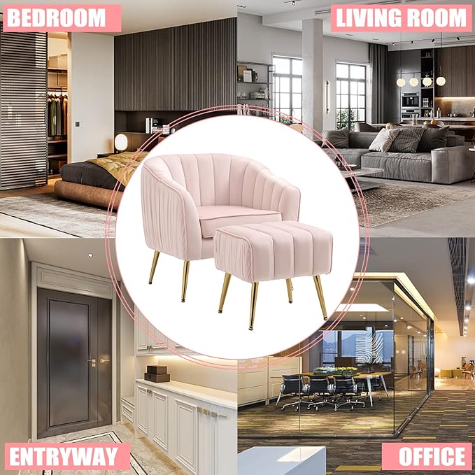 Velvet Accent Sofa Chair with Ottoman Comfy Living Room Chairs with Adjustable Legs Modern Upholstered Tufted Lounge Barrel Chair Ottoman Set for Bedroom Home Office (Pink)