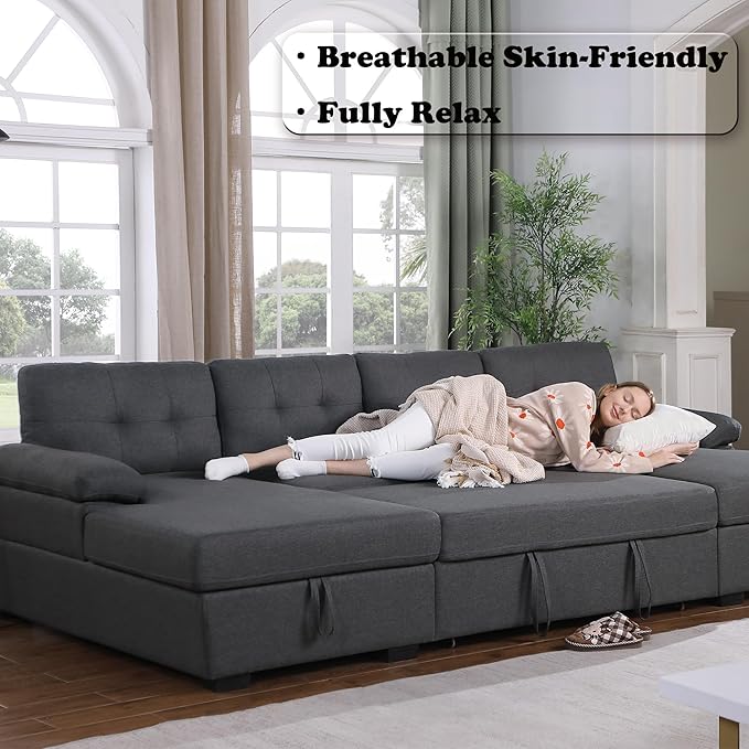 120 U-Shaped Sectional Sleeper Sofa with Pull Out Bed &amp Storage Chaise Lounge Convertible Sofa Bed Couch Functional Modular Sectional Sofa for Living Room Apartment (Dark Gray 4 Seats Sofa Bed
