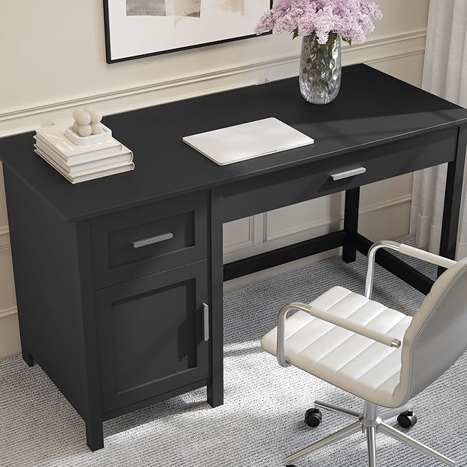 Martha Stewart Hutton Shaker Style Home Office Desk with Storage in Black with Brushed Nickel Hardware