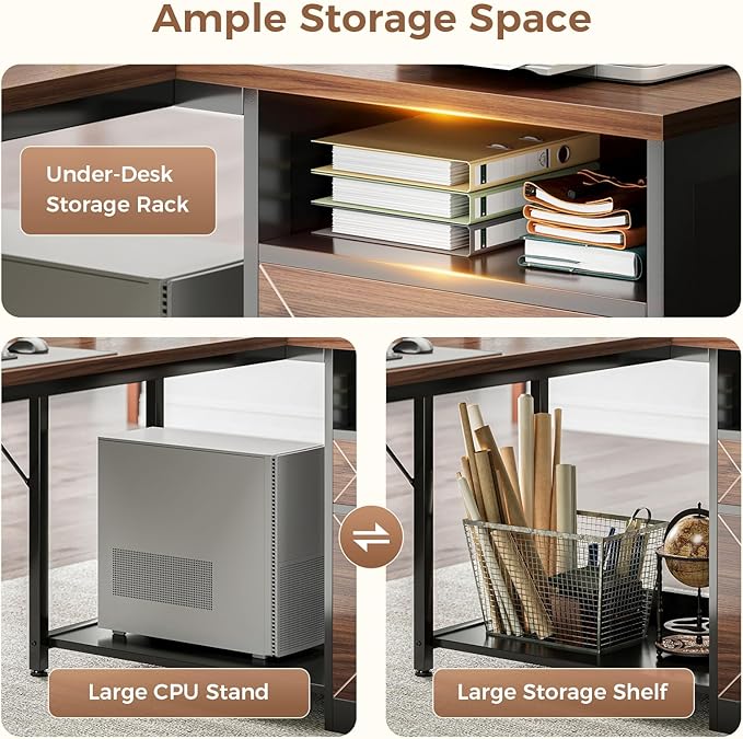 AODK L Shaped Desk with Wooden Drawers &amp Locking File Cabinet 61 Inch Large Executive Desk with Power Outlet Led Computer Desk with Storage Corner Office desk with Monitor Stand &amp CPU Stand