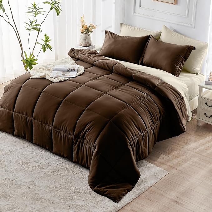 JOLLYVOGUE King Comforter Set Ultra-Soft Bed in a Bag King Size 7 Pieces Oeko-TEX Certified Bedding Set with Down Alternative Comforter Sheets Pillowcases &amp Shams Brown &amp Beige