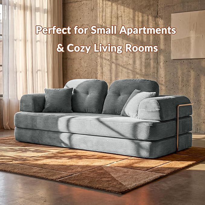 Convertible Modular Sofa Bed with Large Backrest Support &amp Storage Pockets Modern Corduroy Floor Couch for Small Apartment &amp Limited Space Ergonomically Designed Furniture (Gray 82'')
