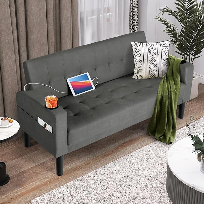 AILEEKISS 62 Loveseat Couches Upholstered Fabric Linen Love Seat Sofas Couch with 2 USB Cup Holders Side Pocket Modern Tufted Sofa for Living Room Office Bedroom Apartment (2-Seat Dark Grey)