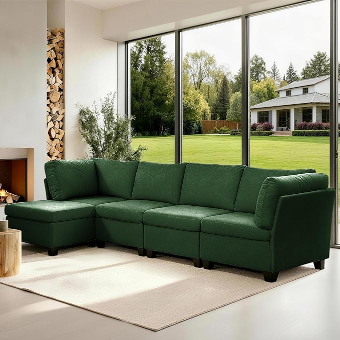 L Shaped Sofa Modern Sofa Modular sectional Cloud Couch with 1 Ottomans 5-seat Chenille deep-seat with Storage and 6 Pillows for Living Rooms bedrooms and Apartments (Green)