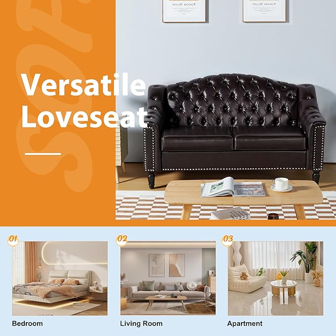 AVZEAR Chesterfield Loveseat Sofa Mid-Century Modern Upholstered PU Sofa 2 Seater Couch with Nailhead Trim and Button Tufted for Living Room Office Bedroom Brown