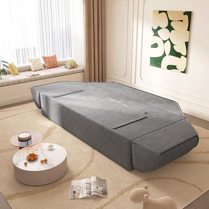 3-in-1 Convertible Sofa Bed 3-seater Boneless Futon Couch with Adjustable Backrest and Armrests Chenille Chaise Lounge Sofa with Pillows Floor Sleeper Loveseat for Living Room Reading Room Grey