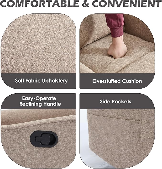 Swivel Rocker Recliner Chair 360° Swivel Recliner with Heat and Massage Rocker Recliner Nursery Glider Chair with Side Pockets for Living Room (Khaki Fabric)
