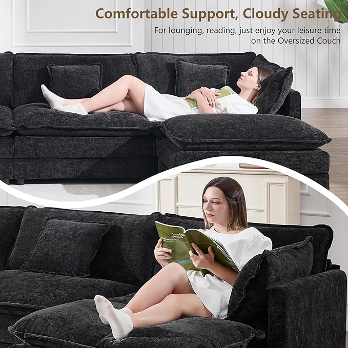 Modular Cloud Sectional Sofa Modern Chenille L Shaped Sectional Couch with Ottoman &amp Pillows 5 Seater Deep Seat Corner Couches for Living Room Apartment Office Black