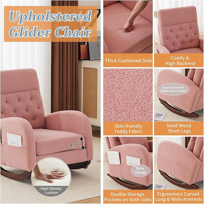 VINGLI Teddy Fleece Low Seat Rocking ChairBoucle Upholstered Nursery Glider Chair with Side PocketsAccent Arm Chair with High BackrestComfy Head RestSolid WoodFor Living Room Bedroom BalconyPink
