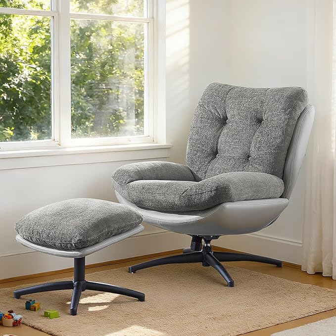 Swivel Accent Chair with Ottoman 400lbs Capacity &amp Easy Assembly Oversized 360° Swivel Rocker Recliner Comfortable Swivel Chair for Living Room Bedroom Office Grey Chenille