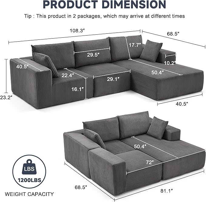 HUATEAN 108” Modular Sectional Sofa Cloud Sectional Couch with Deep Seat Modern Modular L-Shape Sofa Couch with ChaiseUpholstered Couches for Living Room Bedroom (Corduroy Darkgrey)