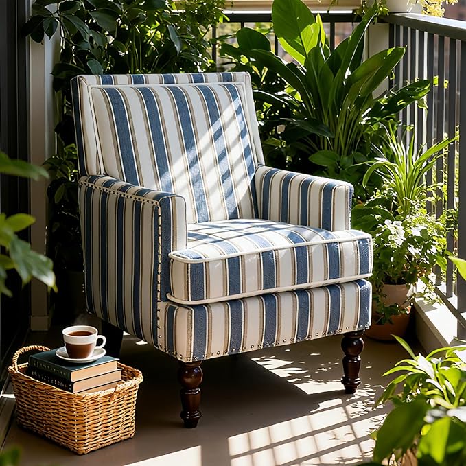 Blue Striped Accent Chair for Living Room Bedroom - Comfy Cotton Linen Reading Chair Coastal Nautical Armchair with Solid Wood Legs Easy Assembly (Striped Blue)