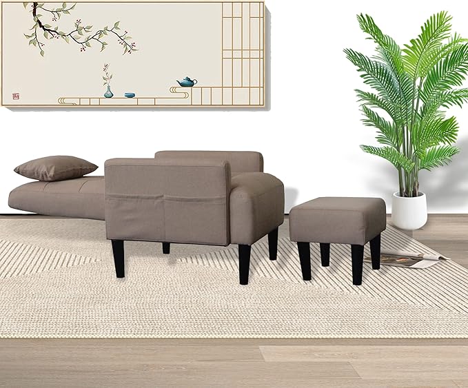 Brown Living Room Sofa Single Chair and Ottoman Modern Multi-Function Fabric Living Room Sofa Lounge Chair Bed and Stool. Soft Leisure Single Chair Adjustable into 5 Angles