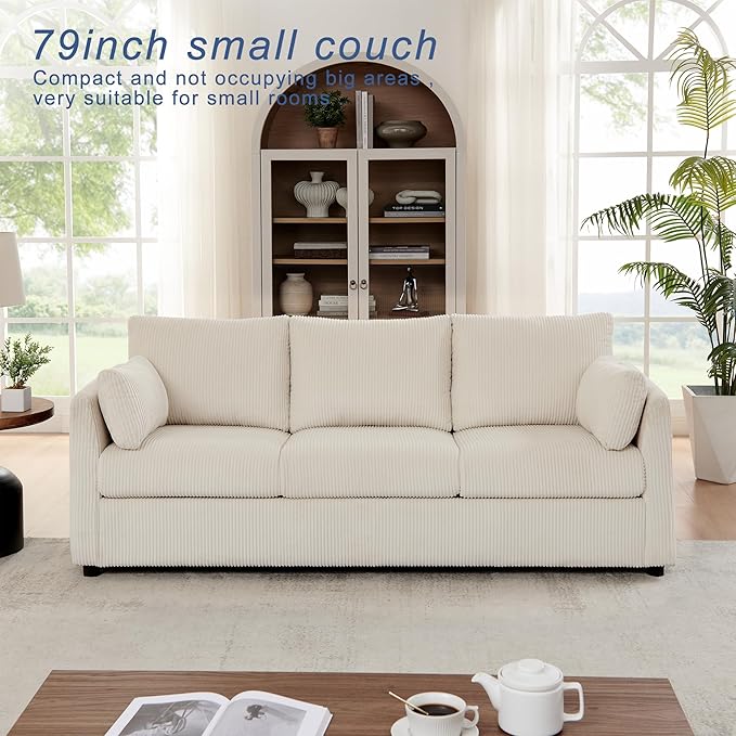 79 Couch for Living RoomMid Century Modern Couches with Big Pockets Corduroy Sofa with Three Cushions and Solid Wood Frame for Apartment and Small Spaces (Beige Sofa)