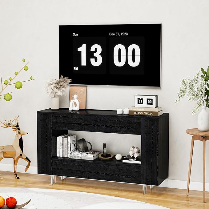 TV Stand for 55 Inch with 2 Large Drawers &amp Hidden Storage Cabinets Modern Farmhouse Entertainment Center Television Stands for Living Room Bedroom Black Wood Grain