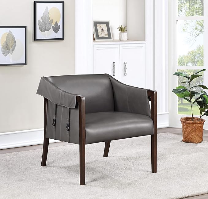 OSP Home Furnishings Parkfield Faux Leather Accent Chair with Sling Buckle Design and Solid Wood Frame Pewter