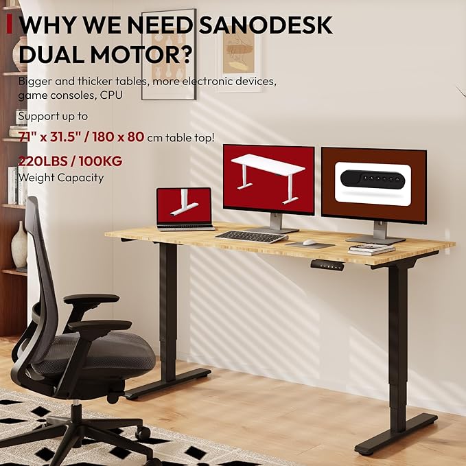 SANODESK Standing Desk with Dual Motor 3-Stage Lifting Column Handset with 3 Preset and Sit-Stand Reminder - 60 inch Whole Piece Real Bamboo/Black Frame Height Adjustable Desk for Home and Office