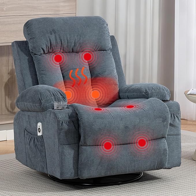 Swivel Recliner Chair for Adults w/Vibration Massage and Heating 360° Rocker Glider Recliner w/Cup Holder and USB Charge Port for Living Room Bedroom Blue