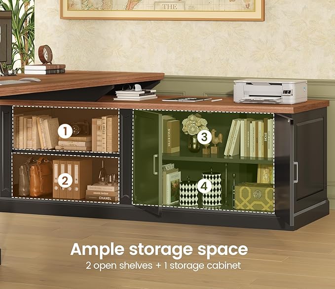 SEDETA Farmhouse L Shaped Desk with Drawers 70.9 Home Office Desk with Storage Cabinet and Storage Shelves L Shaped Computer Desk with Power OutletBlack