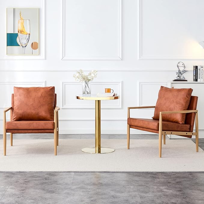 PU Leather Accent Arm Chair Mid Century Modern Upholstered Armchair with Imitation Solid Wood Color Metal Frame Extra-Thick Padded Backrest and Seat Cushion Sofa Chairs for Living Room