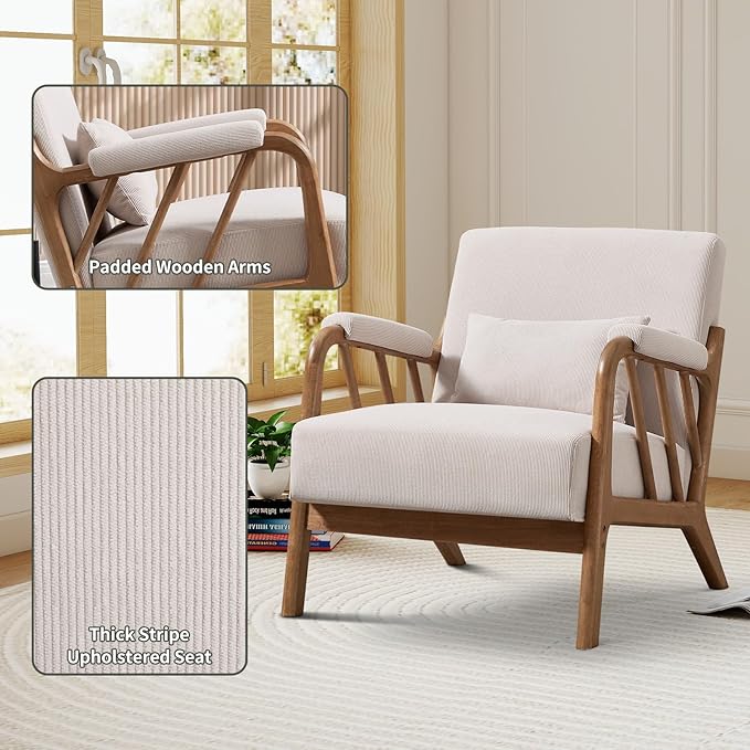 Mid Century Modern Accent Chair with Solid Wood Frame Upholstered Living Room Chairs with Lumbar Cushion Padded Arms Reading Armchair for Bedroom Set of 2 Beige