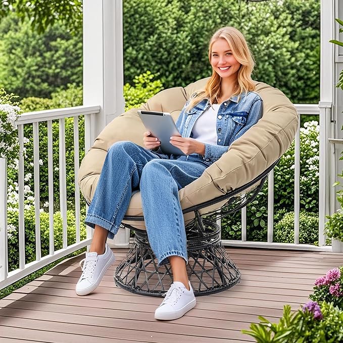 360° Swivel Papasan Chair - 350lbs Capacity Indoor/Outdoor Wicker Lounge Chair with Thick Cushion Modern Accent Chair for Living Room Bedroom Patio (White &amp Orange)