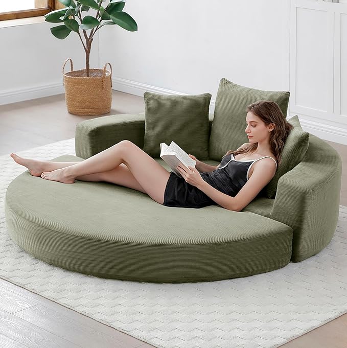 Green Boneless Loveseat Couch - 67 Circular Convertible Sofa Bed No Assembly Corduroy Folding Floor Futon with Pillows for Small Spaces (Green)