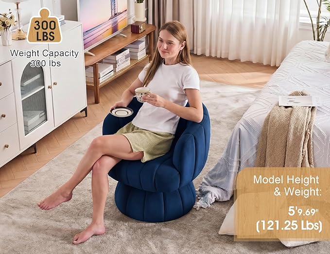 Mid Century Modern 360 Degree Barrel Swivel Accent Sofa ChairFluffy Velvet Fabric Lounge Wide Upholstered Pumpkin Reading Chair Round Cloud Armchair for Living RoomBedroomVanity(Navy Blue)