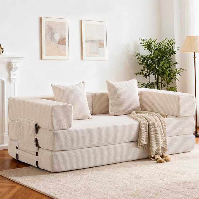 4 in 1 Convertible Sleeper Sofa Bed78’’ Compression Folding Sofa Bed with Pillows &amp Side Pockets Fold Out Floor Couch Boneless Couch for Living RoomBedroomWhite