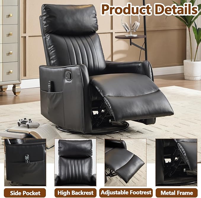 Slim Swivel Rocking Chair Recliner with PocketsLazy Boy Recliners for for AdultsSmall Recliner Chair for Small Spaces Manual Reclining Chair for Living Room Bedroom (Black)