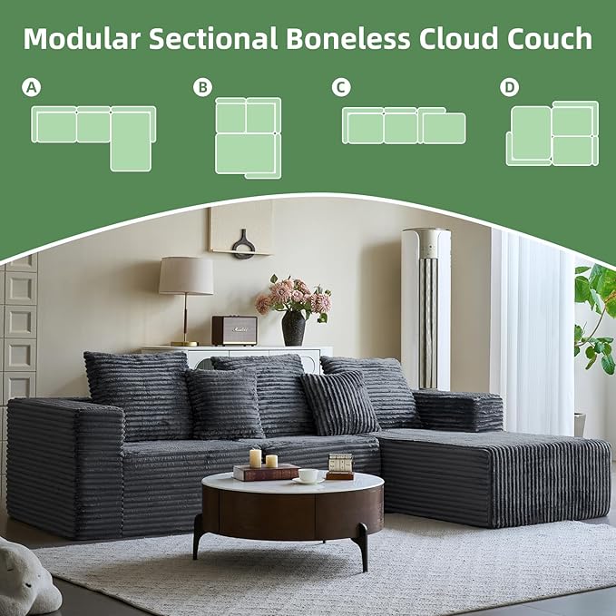 108'' Boneless Couch Sectional Boneless Couch w/Deep Seat Cloud Boneless Couches w/Stripe&amp Flannel Fabrics Boneless L Shaped Couches for Living Room Right Facing Chaise Dark Gray
