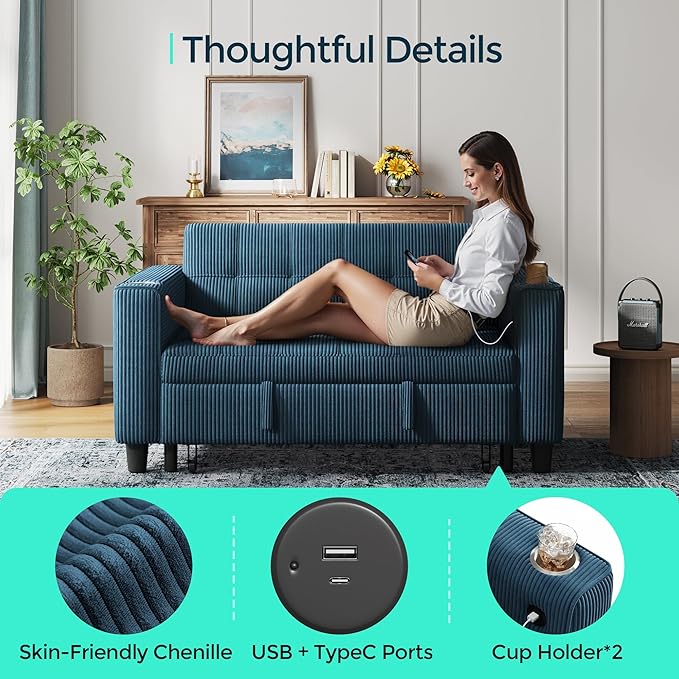 LINSY Sleeper Sofa Bed 54 Pull Out Couch with Charging Station &amp Cup Holder Small 3 in 1 Convertible Loveseat Sleeper Couch for Apartment Dorm Room Bedroom and Small Space Corduroy Blue
