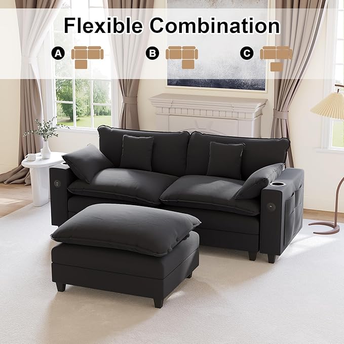 80.7 Modular Sectional Sofa L Shaped Cloud Couch with Movable Ottoman Chenille Deep Seat Cloud Sofa with Charging Station Cup Holder Side Pocket Sectional Couches for Living Room Black