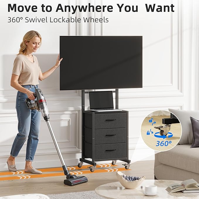 GYIIYUO Rolling TV Stand with 3 Storage Fabric Drawers/Mount/Wheels Small Mobile TV Stand for 32-55 inch TVs Corner TV Cart for BedroomOfficeLiving Room(Black)