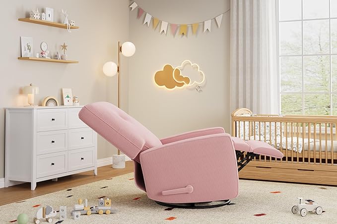 Recliner Chair 360° Swivel Rocking Glider Chair for Adults with Adjustable Backrest &amp Footrest Cozy Corduroy Upholstered Armchair for Living Rooms Bedrooms Apartments Pink