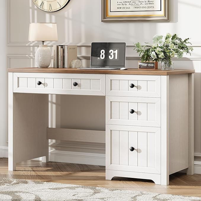 Vabches Farmhouse Executive Desk with 4 Drawers Home Office Desk with File Drawer Wood Computer Desk with Storage Rustic Office Desk for Work Study Writing Brown White