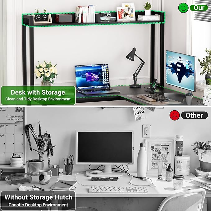 Unikito L Shaped Gaming Desk with LED Strip and Power Outlets Reversible L-Shaped Computer Desk with Storage Shelves Corner Desk with Hutch 2 Person Home Office Desk Black