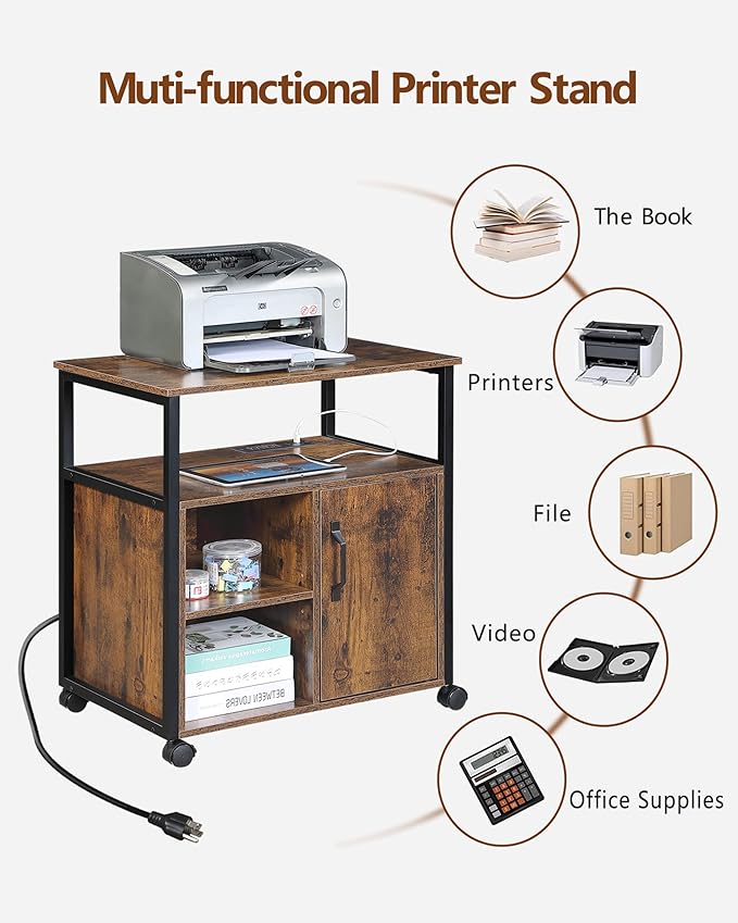 File Cabinet Office Filing Cabinets with Socket and USB Charging Port Printer Stand with Storage for A4 Letter Size Metal Side Frame for Home Office