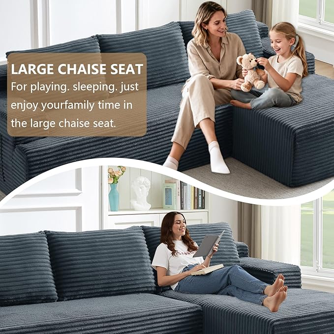 96 Cloud Sectional Sofa Boneless Couch for Living Room Modular Sectional Sofa with Deep Seat Fluffy Comfy Corduroy Couch with L-Shaped Chaise No Assembly Required (Grey Right Facing)