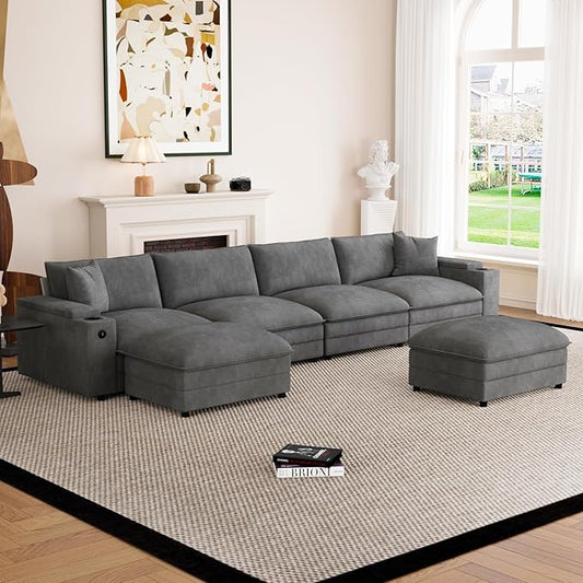 148.7 U Shaped Cloud Sofa Couch with Ottoman Storage Armrest Cup Holders USB &amp Type-C Ports Spring Cushions Solid Wood Frame Chenille Modular Sectional for Living Room (Dark Gray-U-148.7)