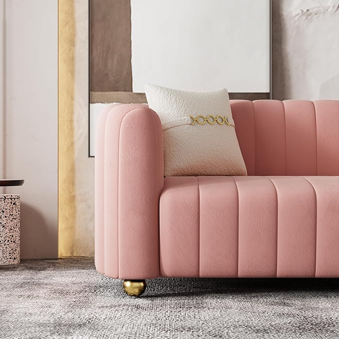 Luxury Velvet Sofa for Living Room 84 Mid-Century Modern Couch 3 Seater Sofa with Gold Legs &amp 2 Pillows Sectional 3 Seater Couch Upholstered Sofa for Living Room Home Office Apartment Pink