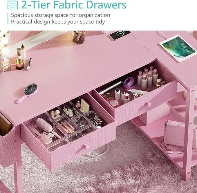 DLisiting Pink Reversible L Shaped Desk with Drawers and Shelves Small Kids Study Vanity PC Computer Desk with Storage for Girls Corner L-Shaped Desks for Small Space Bedroom