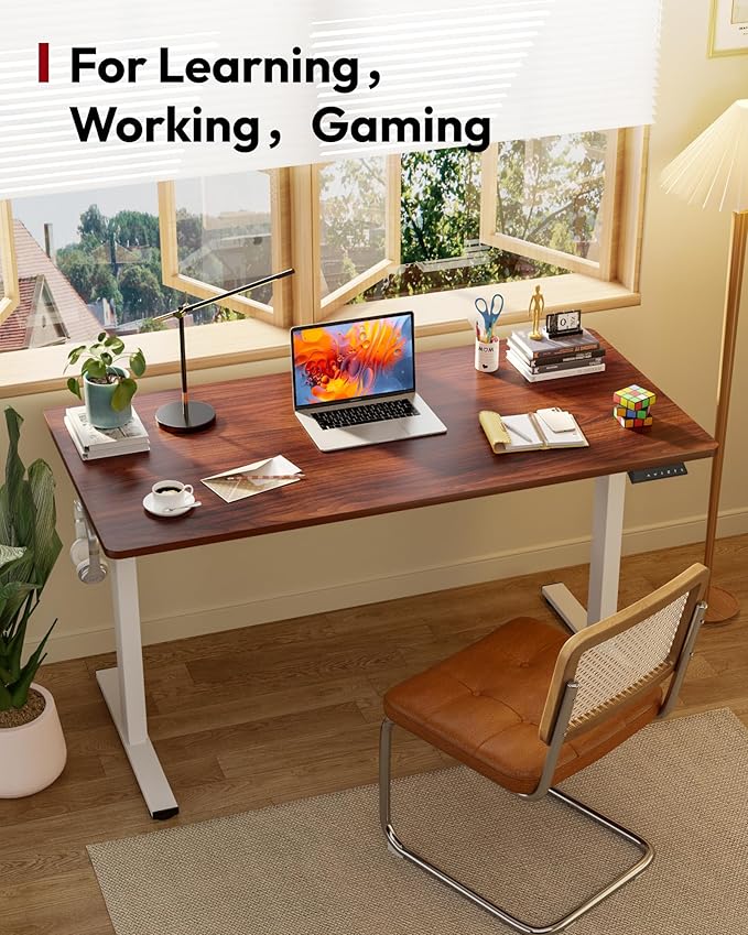 SANODESK Electric Standing Desk 48 x 30 Inches Whole-Piece Desktop Height Adjustable Stand Up Desk w/6-Button Controller Ergonomic Computer Desk for Home Office White Frame + Mahogany Tabletop