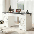 HOPUBUY Farmhouse Executive Desk with File DrawersWood Home Office Desk w/Charging StationAdjustable Storage CabinetsWhite Computer Writing Desk for WorkStudy