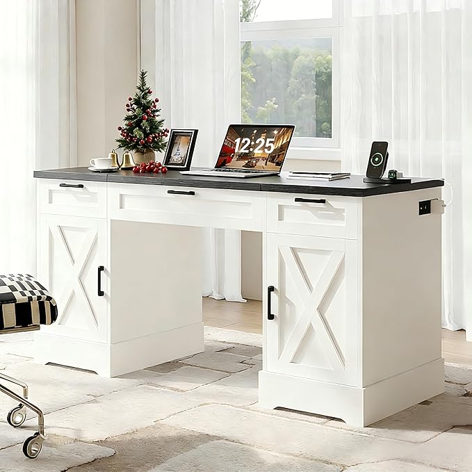 HOPUBUY Farmhouse Executive Desk with File DrawersWood Home Office Desk w/Charging StationAdjustable Storage CabinetsWhite Computer Writing Desk for WorkStudy