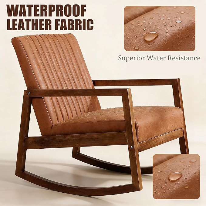 VESCASA Upholstered Faux Leather Rocking Chairs with Channel-Tufted Back Mid-Century Modern Comfy Rockers with Black Walnut Wood Frame for Nursery Living Bedroom Indoor Set of 2 Burnt Orange