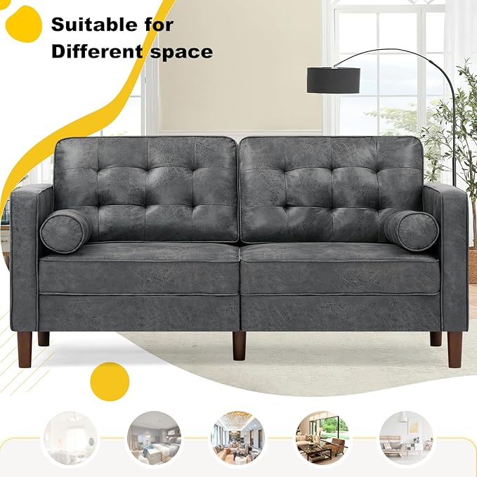 67 Suede Leather 2 Seater Sofa with Two Bolster Pillows Tufted Sofa with Wooden Legs Mordern Couch for Living Room Office Apartment Grey