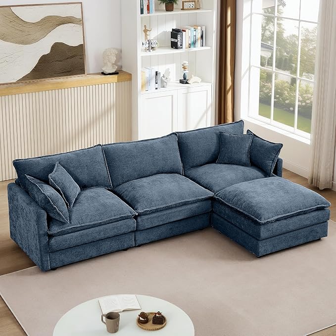 GNIXUU 102 Modular Sectional Sofa L Shaped Cloud Couch with Movable Ottoman &amp 4 Pillows Deep Seat Chenille 4 Seater Sectional Couches for Living Room Apartment (Blue)
