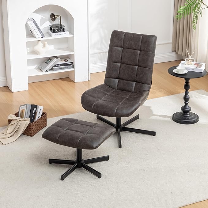 Roundhill Furniture Arlena 2-Piece Seating Set Faux Leather Tufted Accent Chair and Ottoman Brown